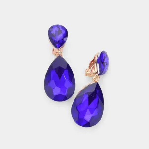 Sapphire Crystal Double Teardrop Clip on Dangle Earrings  | Pageant Earrings | 535174