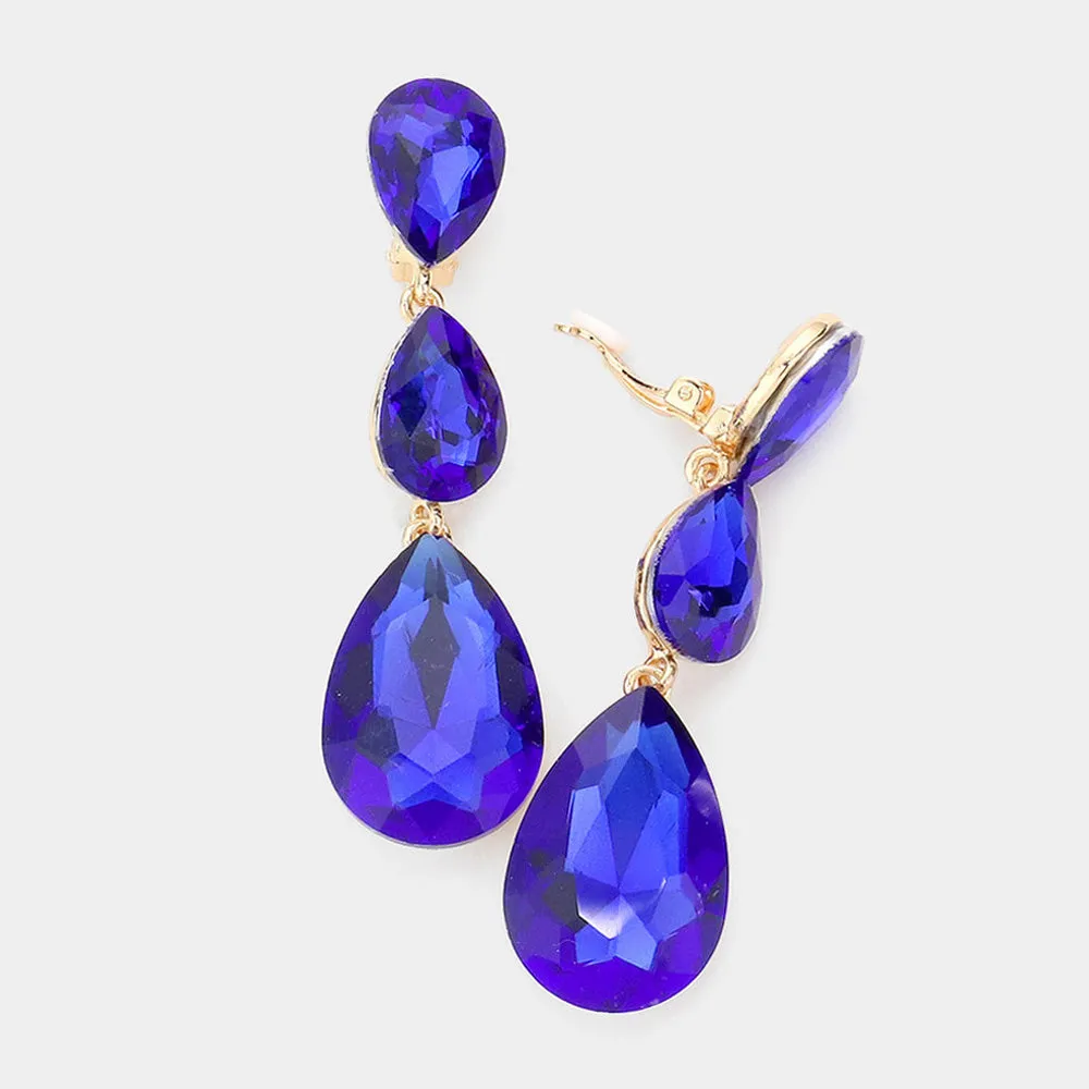 Sapphire Crystal Triple Teardrop Clip-on Pageant Earrings  | 545358