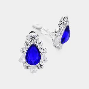 Sapphire Teardrop Stone Surrounded by Crystal Bubble Stone Clip On Earrings  | Interview Earrings |  532579