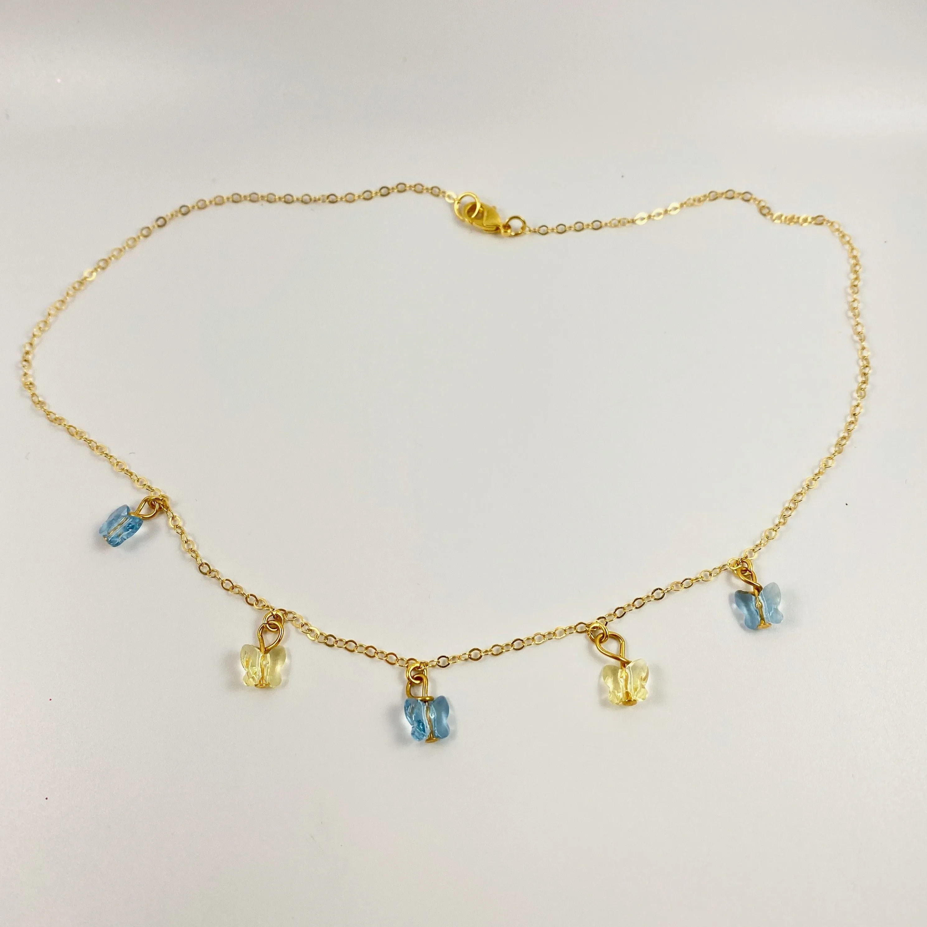 Sea Blue & Lemon Yellow Butterfly Choker 14K Gold Necklace