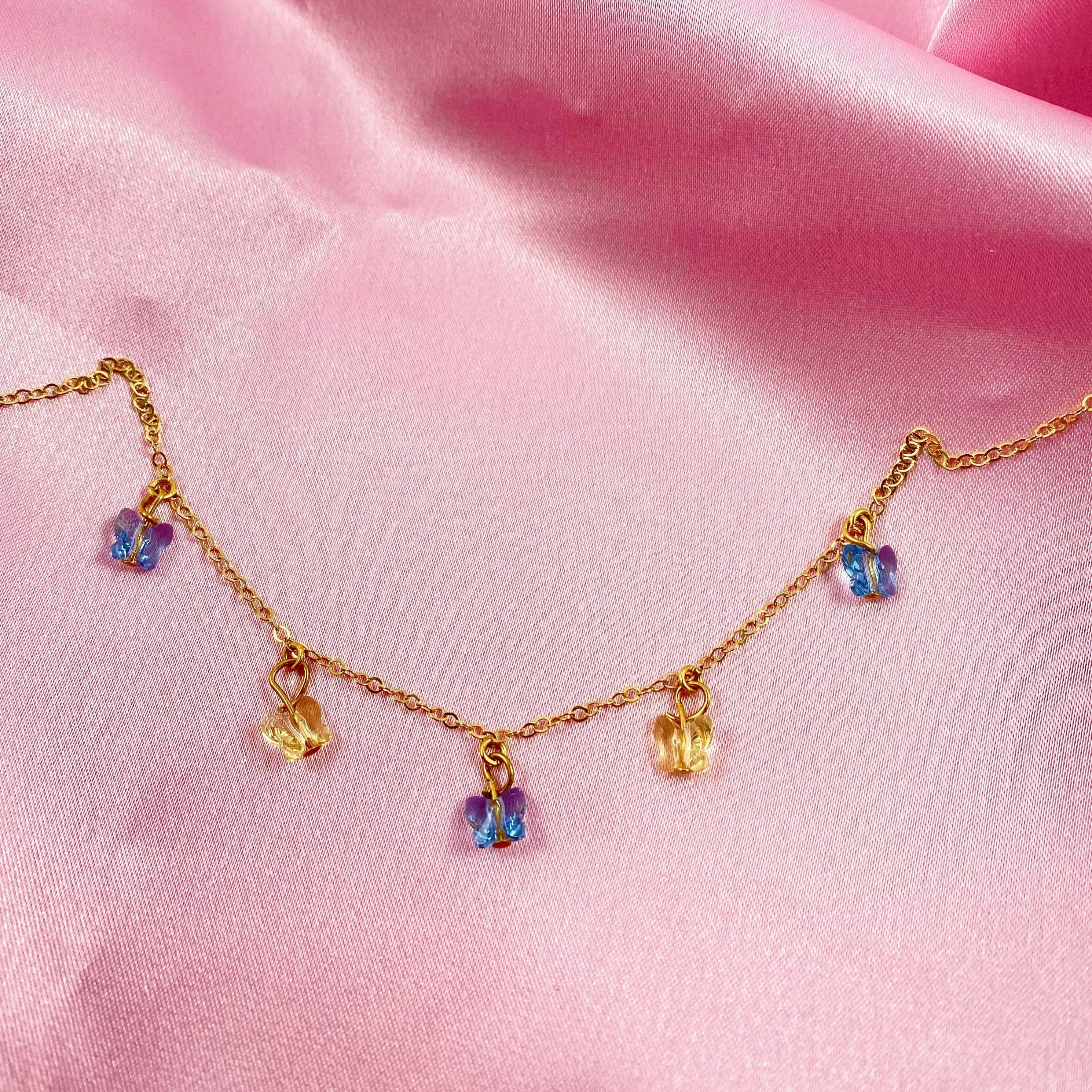 Sea Blue & Lemon Yellow Butterfly Choker 14K Gold Necklace