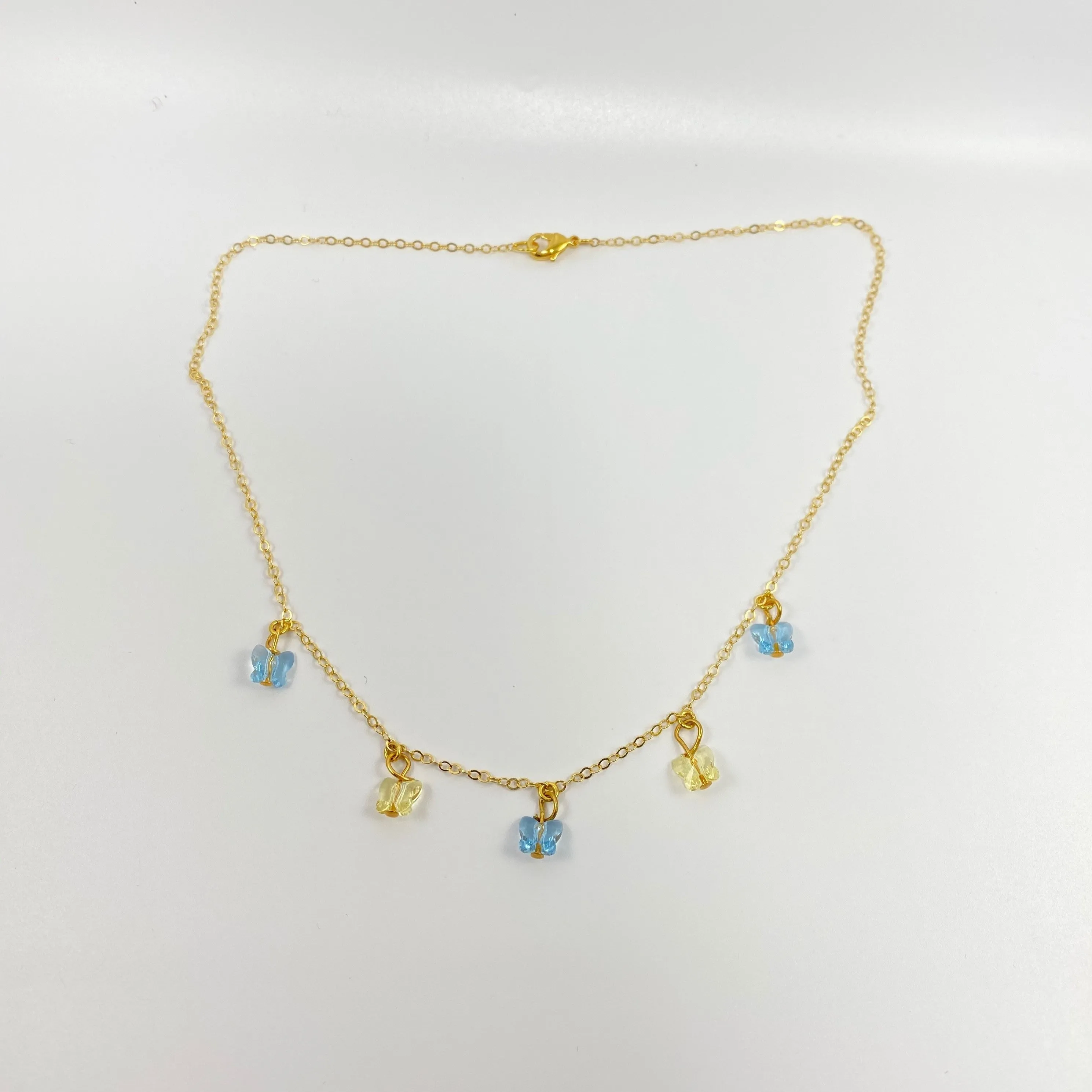Sea Blue & Lemon Yellow Butterfly Choker 14K Gold Necklace