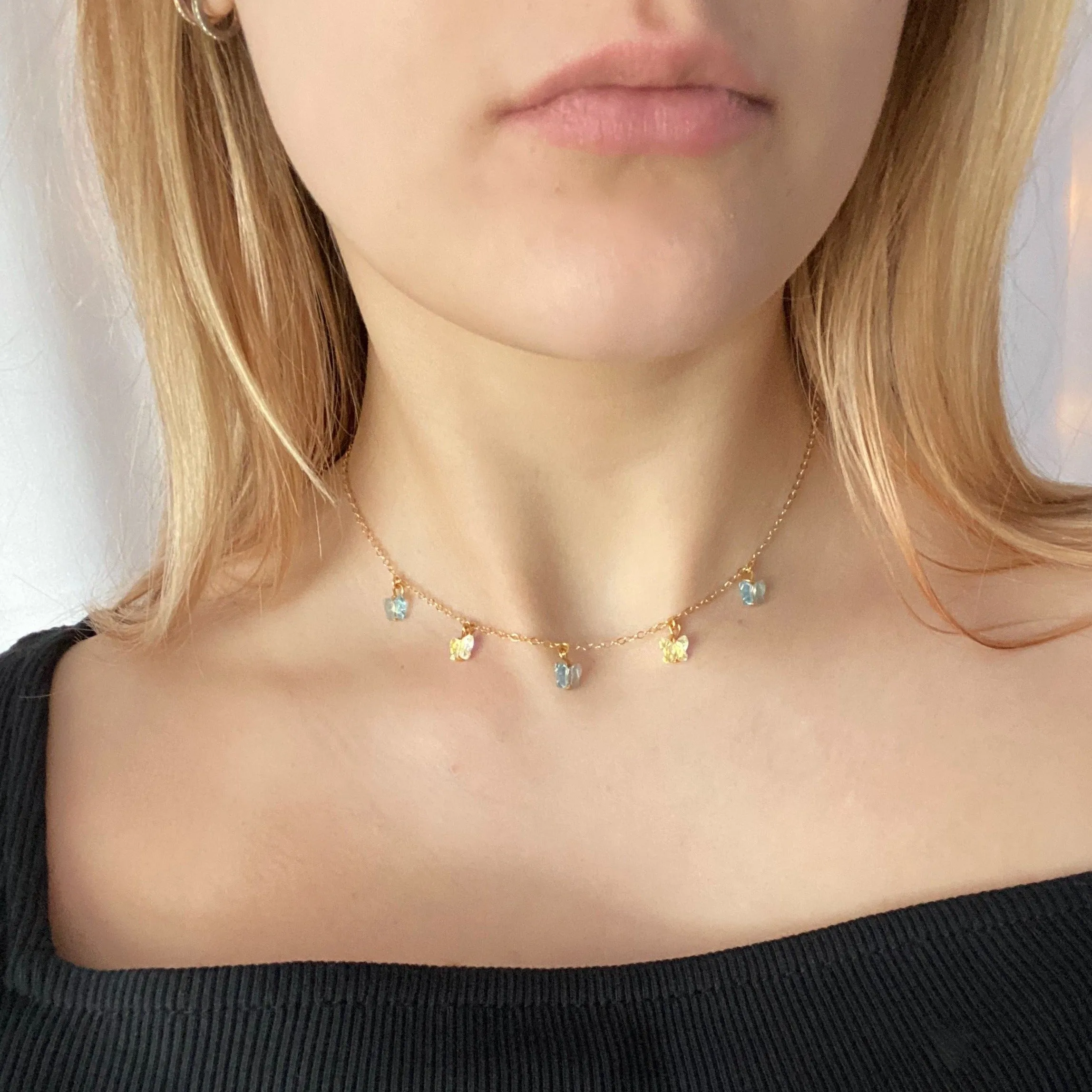 Sea Blue & Lemon Yellow Butterfly Choker 14K Gold Necklace