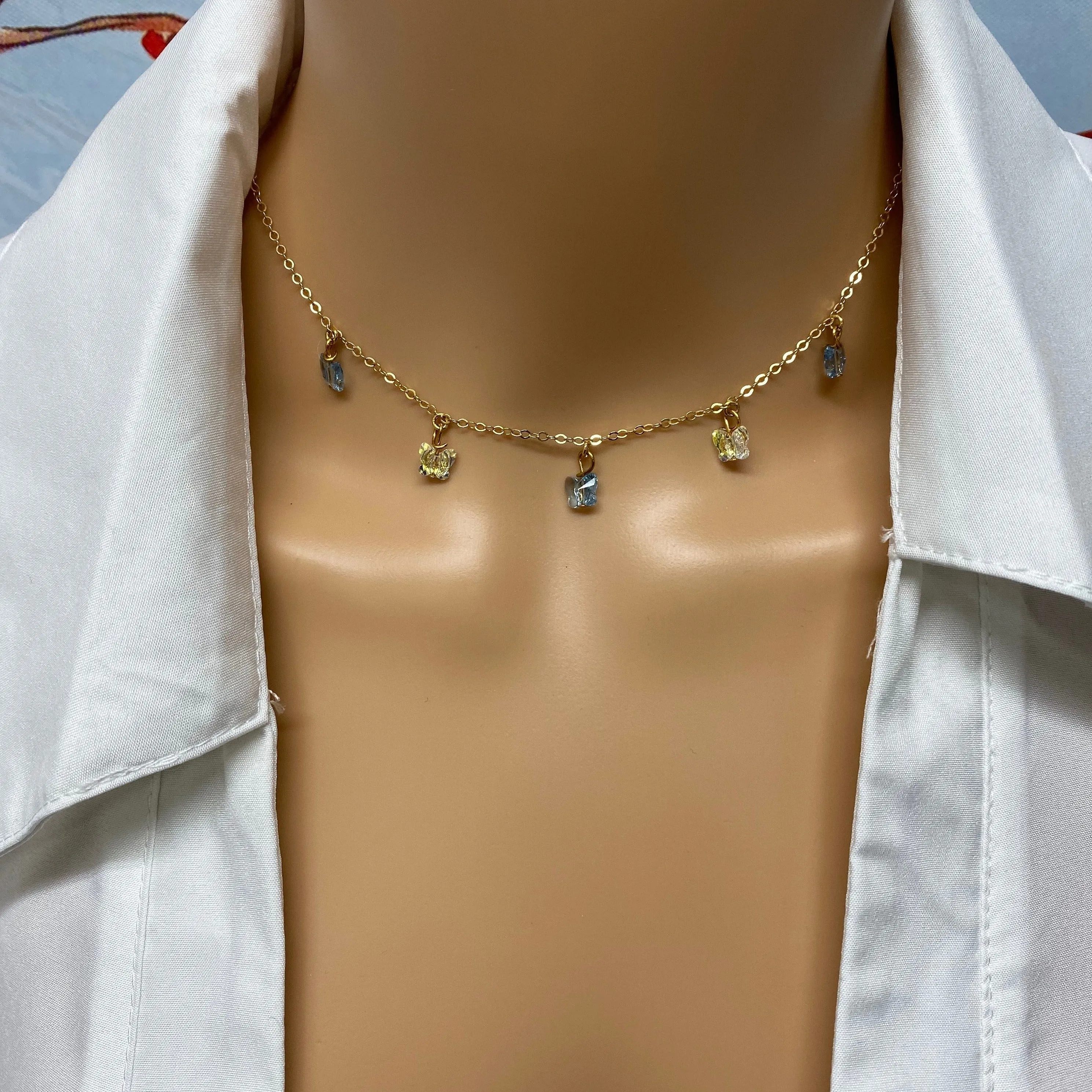 Sea Blue & Lemon Yellow Butterfly Choker 14K Gold Necklace