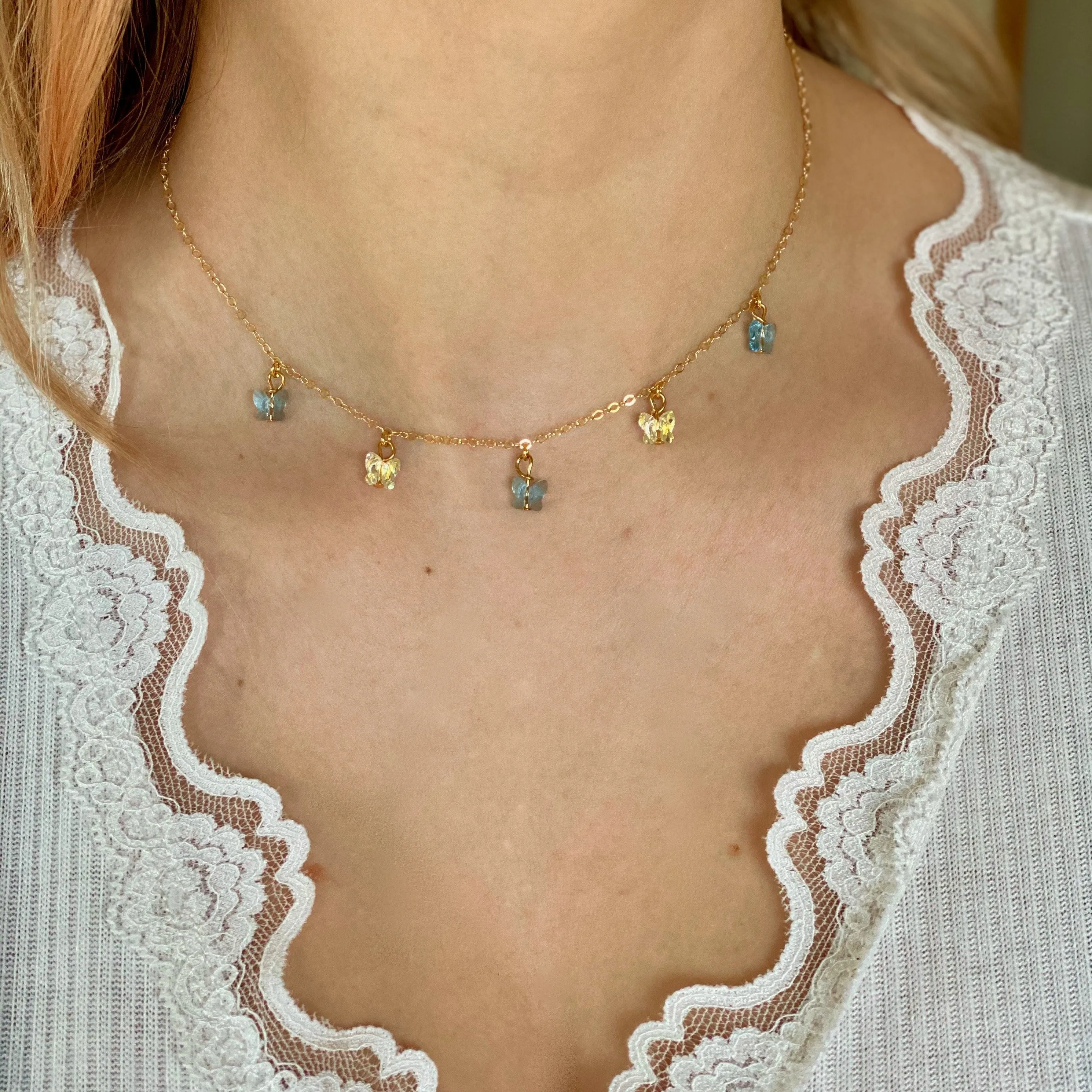 Sea Blue & Lemon Yellow Butterfly Choker 14K Gold Necklace