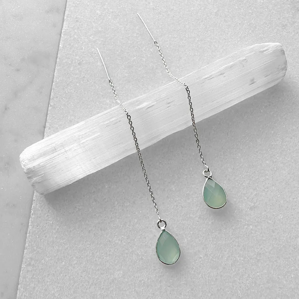 Seafoam Chalcedony Teardrop Threader Earrings