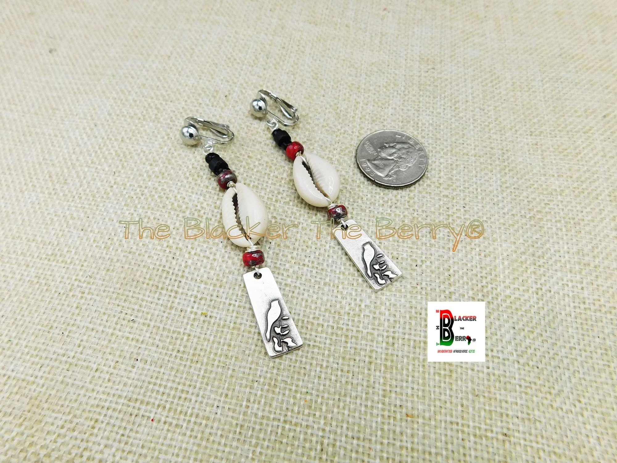 Silver Bird Clip On Earrings Cowrie Beaded Long Handmade Women Non Pierced