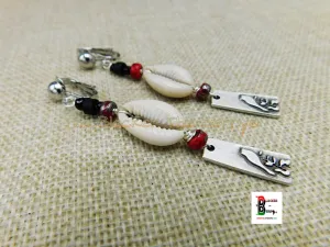 Silver Bird Clip On Earrings Cowrie Beaded Long Handmade Women Non Pierced