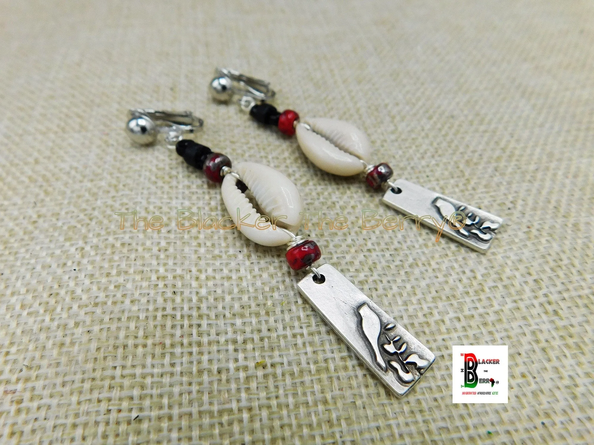 Silver Bird Clip On Earrings Cowrie Beaded Long Handmade Women Non Pierced