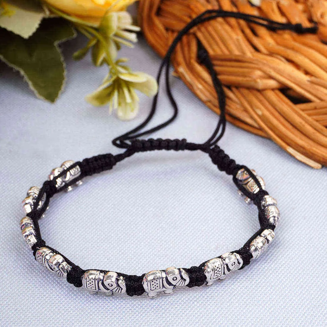 Silver Elephant Black Thread Single Anklet