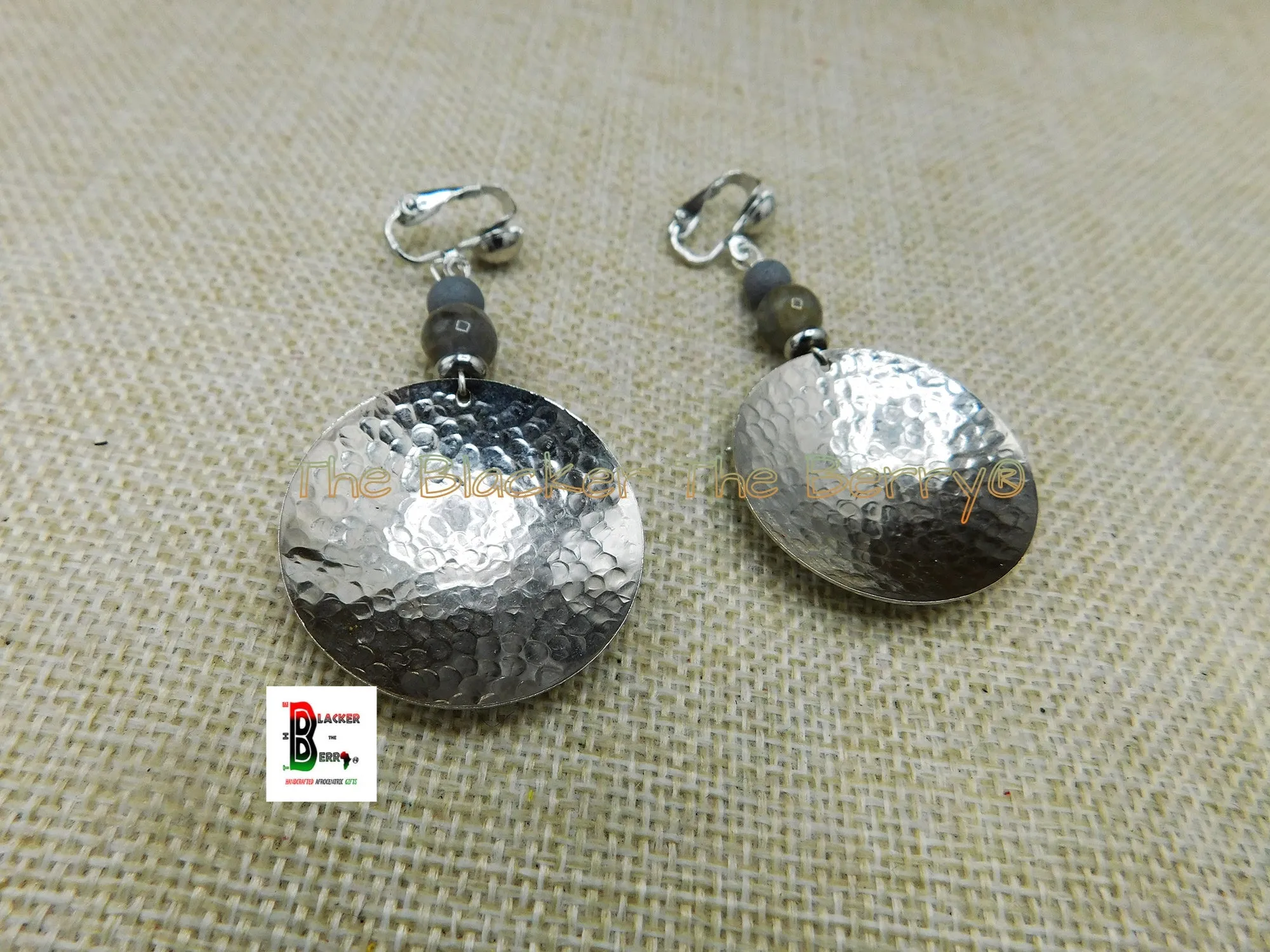 Silver Hammered Clip On Earrings Beaded Dangle Women Ethnic Jewelry Black Owned
