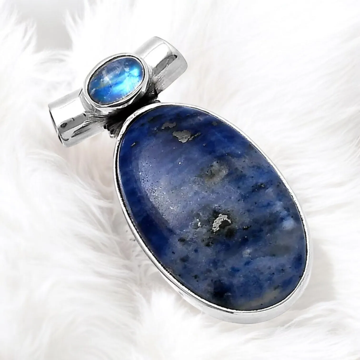 Sodalite & Rainbow Moonstone Solid 925 Sterling Silver Pendant