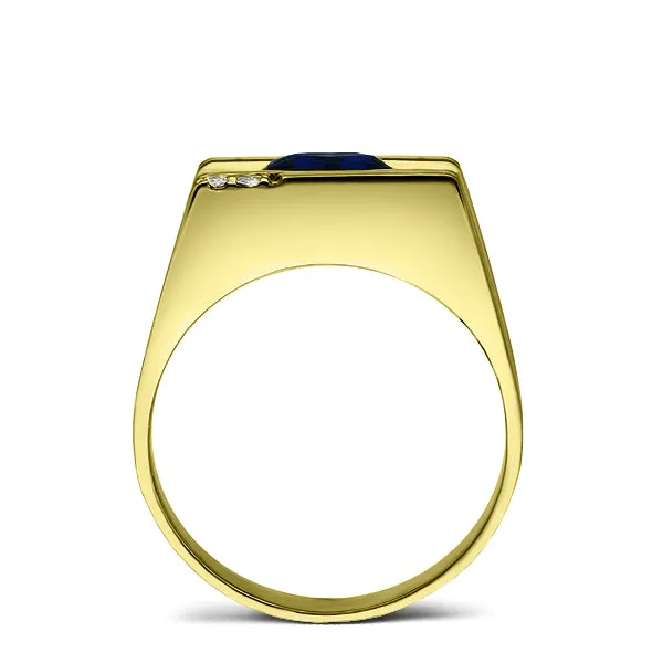 Solid 18K YELLOW GOLD Mens Ring with Sapphire and 2 Real DIAMOND Accents
