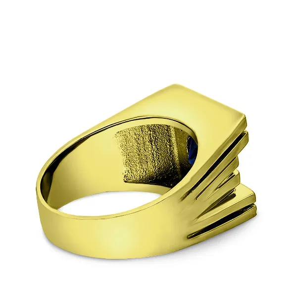 Solid 18K YELLOW GOLD Mens Ring with Sapphire and 2 Real DIAMOND Accents
