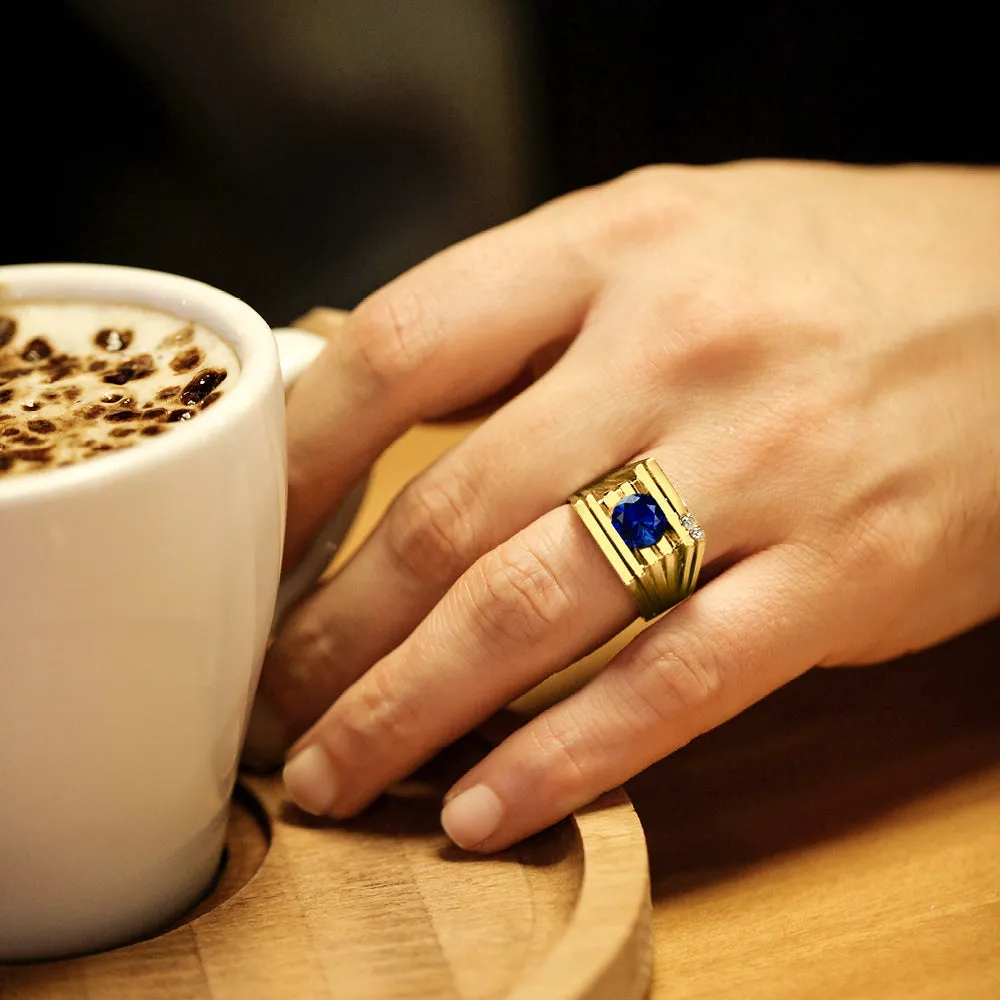 Solid 18K YELLOW GOLD Mens Ring with Sapphire and 2 Real DIAMOND Accents
