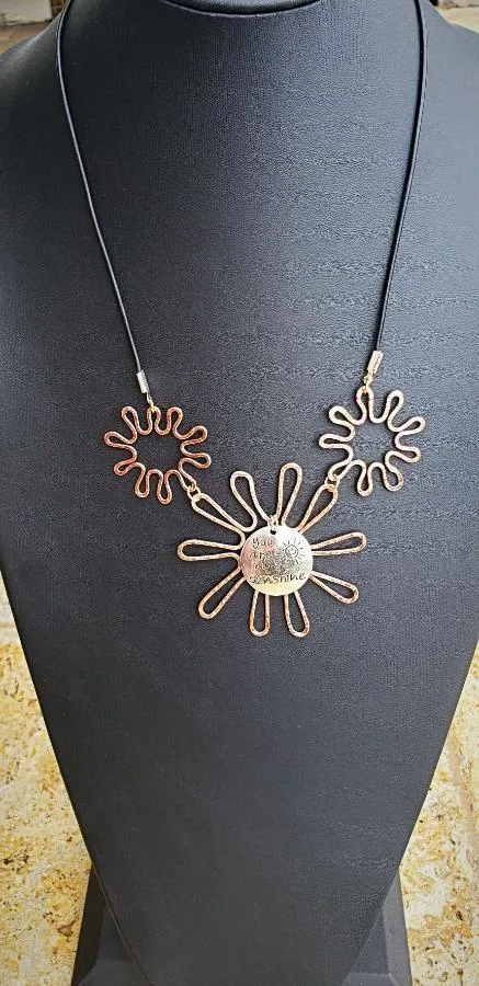 Solid Copper Sunflower Pendant Necklace with Silver "You Are My Sunshine" Charm – Black Leather Rope
