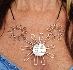 Solid Copper Sunflower Pendant Necklace with Silver "You Are My Sunshine" Charm – Black Leather Rope
