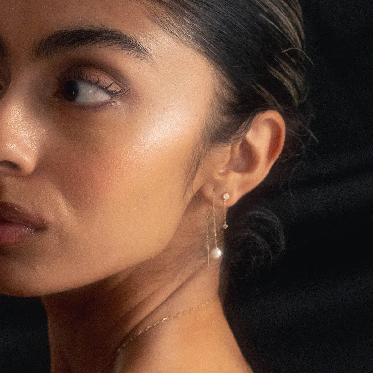 Solid Gold Delicate Pearl Threader Earrings