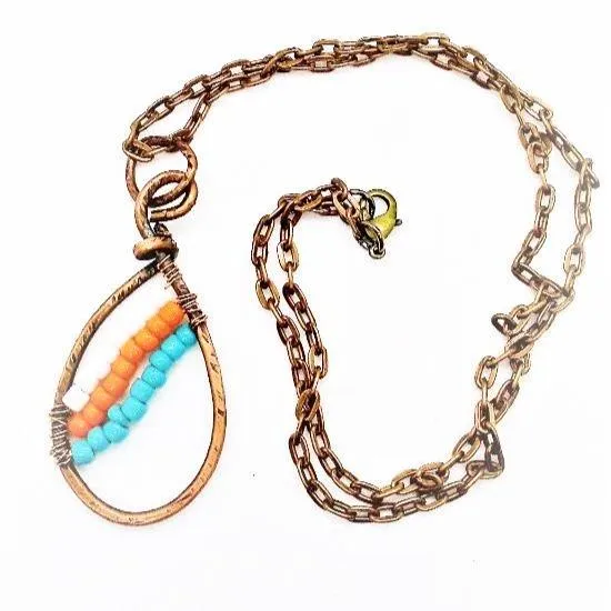 Sporty Copper  Handmade Pendant Necklace Beaded  and Wrapped - Sporty Colors