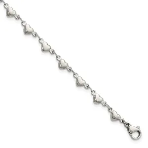 Stainless Steel Polished Hearts 9in with 1in ext. Anklet