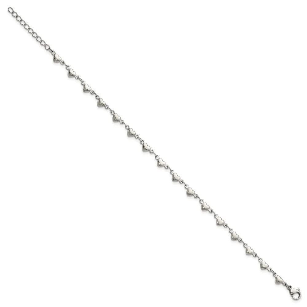 Stainless Steel Polished Hearts 9in with 1in ext. Anklet