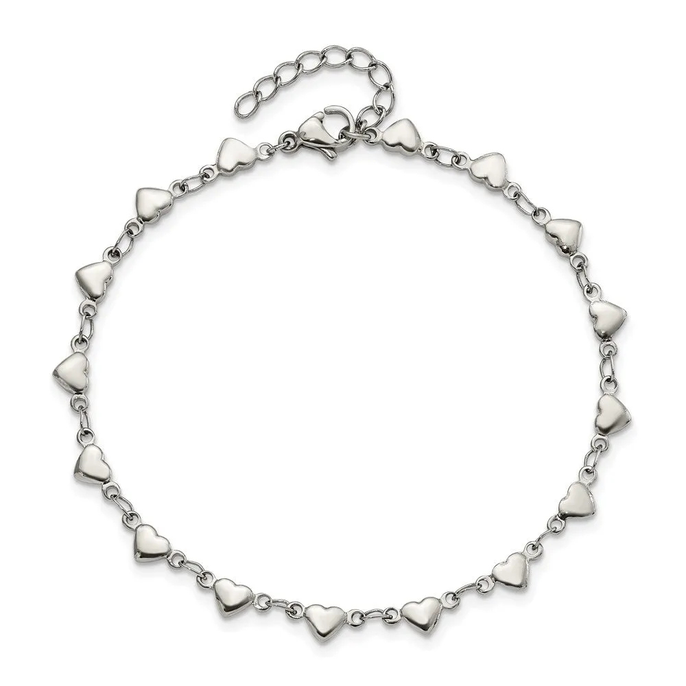 Stainless Steel Polished Hearts 9in with 1in ext. Anklet