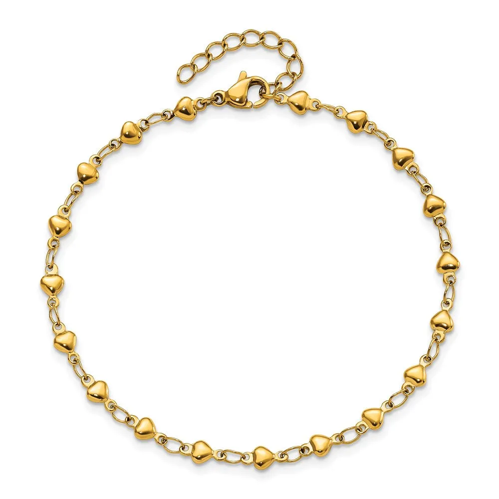 Stainless Steel Polished Yellow IP Hearts 9in w/1in ext. Anklet
