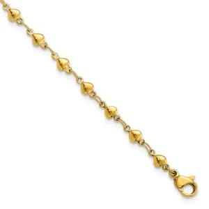Stainless Steel Polished Yellow IP Hearts 9in w/1in ext. Anklet
