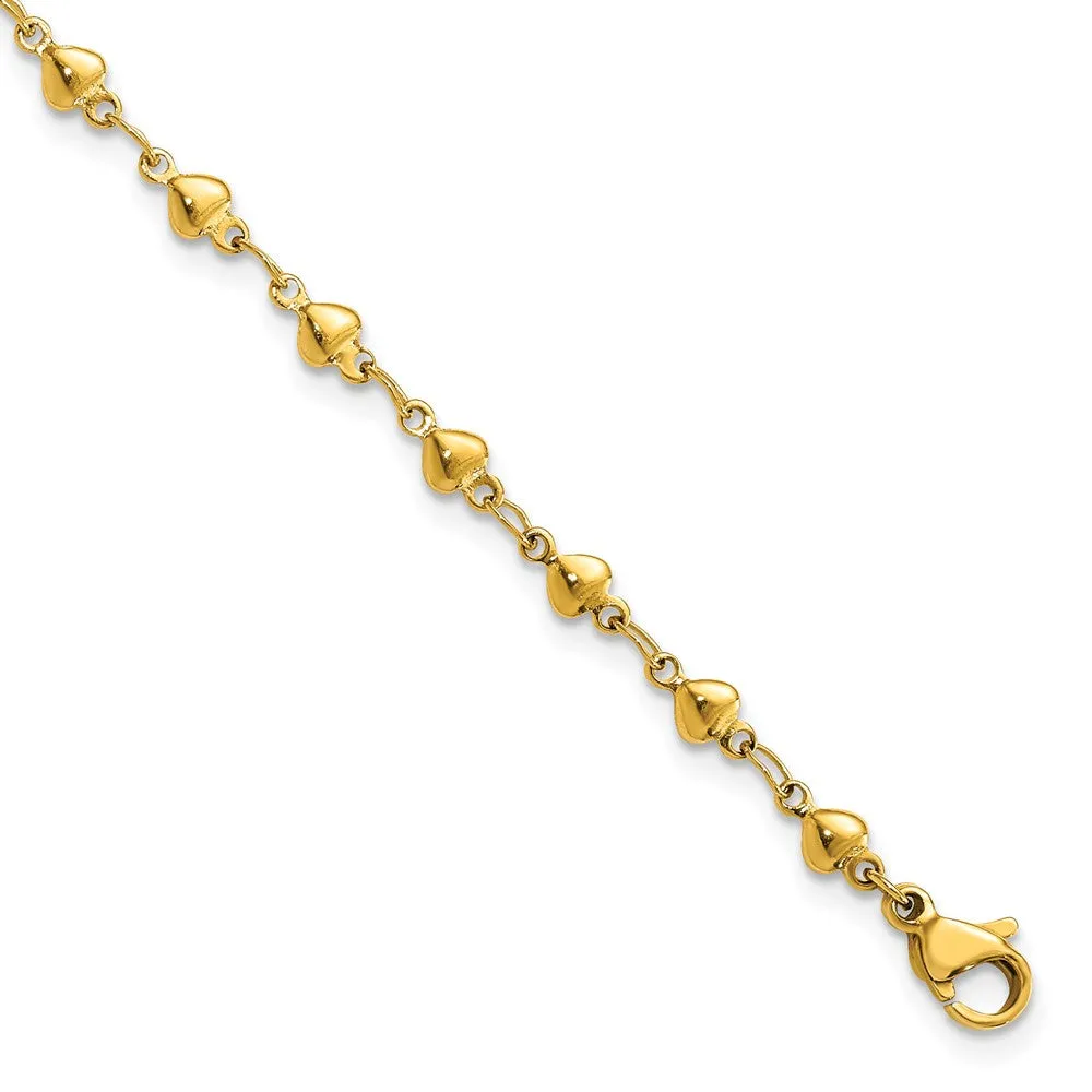 Stainless Steel Polished Yellow IP Hearts 9in w/1in ext. Anklet
