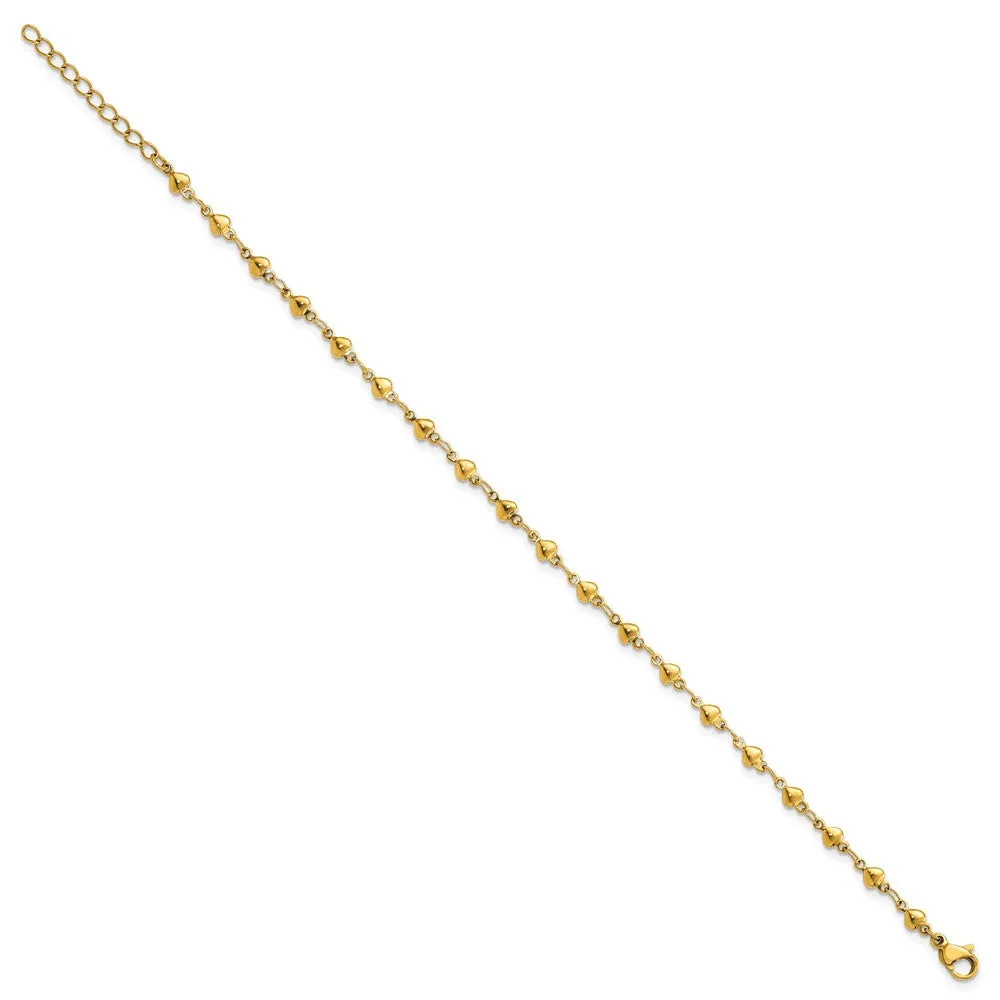 Stainless Steel Polished Yellow IP Hearts 9in w/1in ext. Anklet