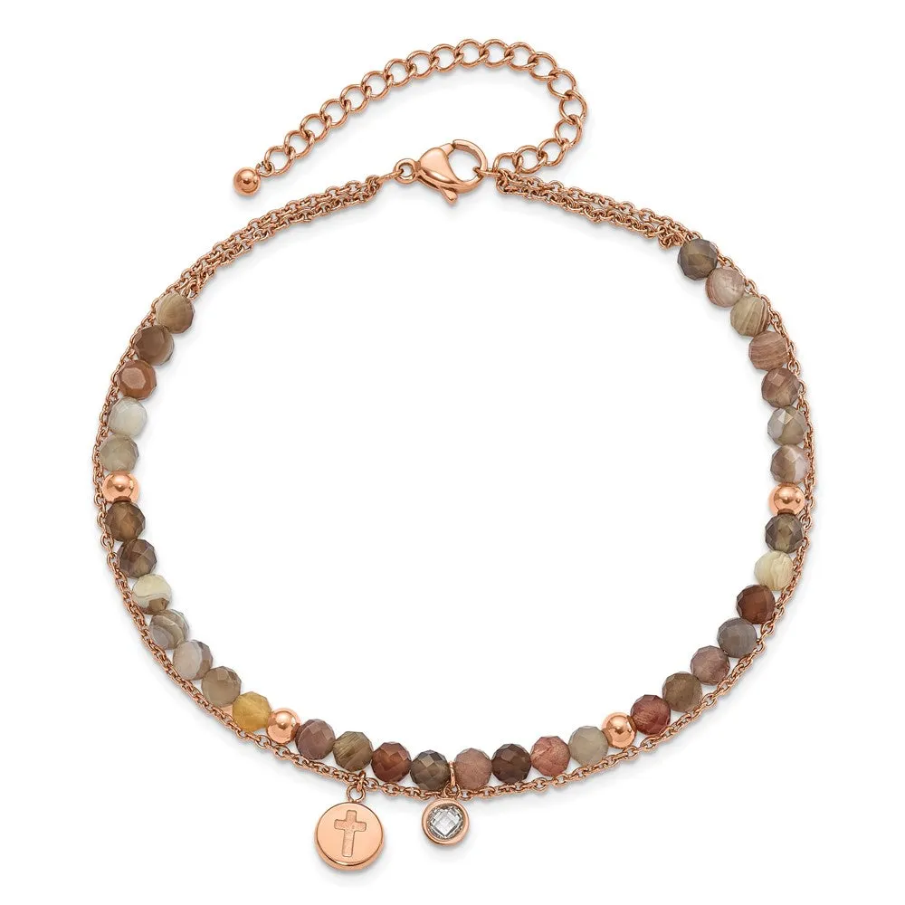 Stainless Steel Rose IP Crystal & Imit. Sardonyx Cross w/2in ext. 9in Ankle