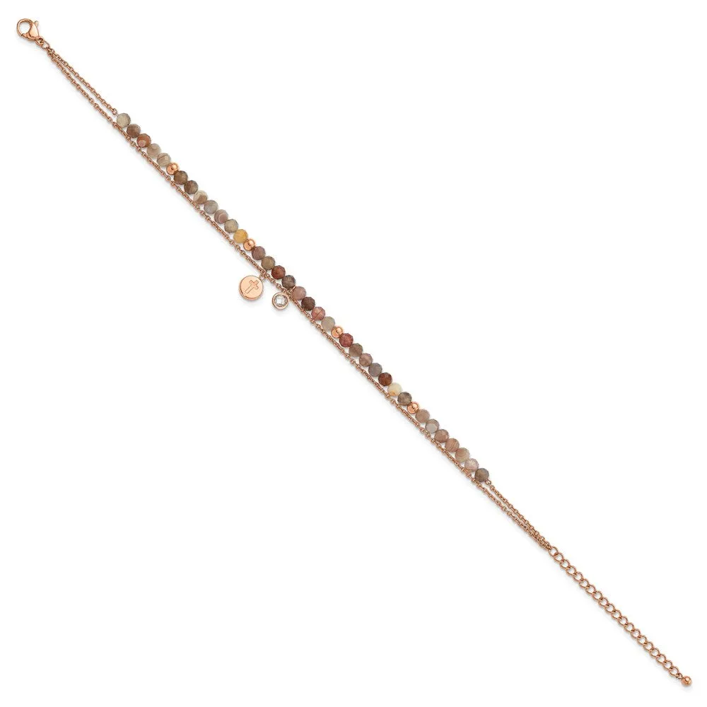 Stainless Steel Rose IP Crystal & Imit. Sardonyx Cross w/2in ext. 9in Ankle