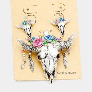 Steer Head Floral Pattern Pendant Necklace & Earring Set