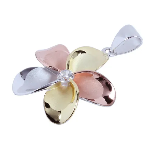 Sterling Silver 30mm Tri-color CZ Plumeria Pendant (Chain Sold Separately)