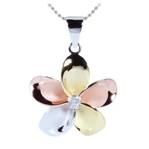 Sterling Silver 30mm Tri-color CZ Plumeria Pendant (Chain Sold Separately)