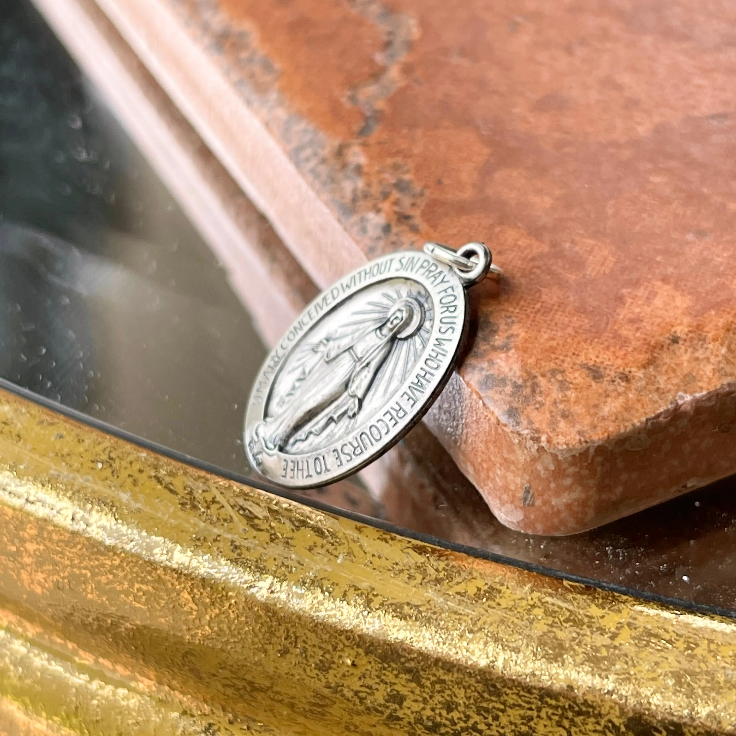 Sterling Silver Antiqued Miraculous Medal Oval Pendant 23mm