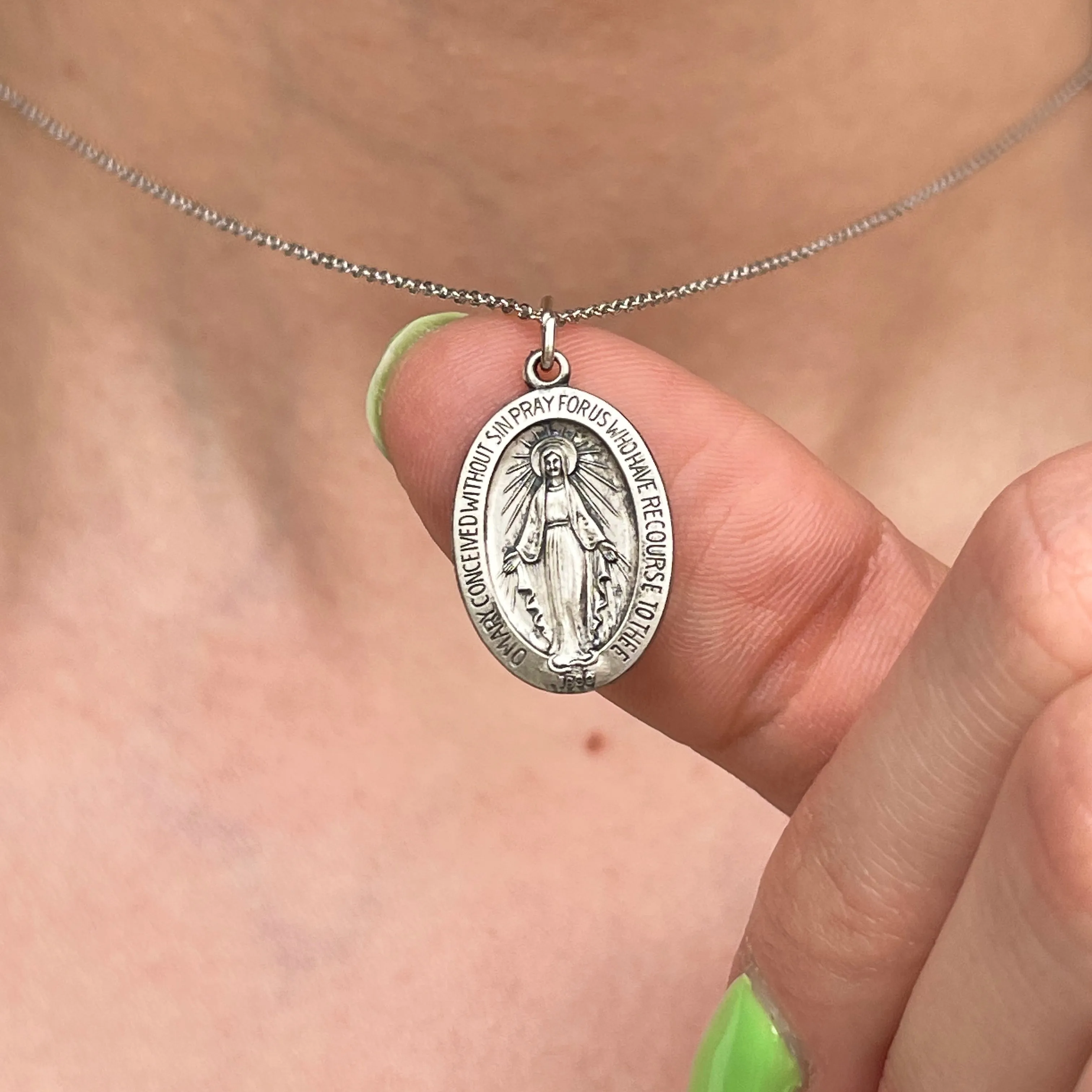 Sterling Silver Antiqued Miraculous Medal Oval Pendant 23mm