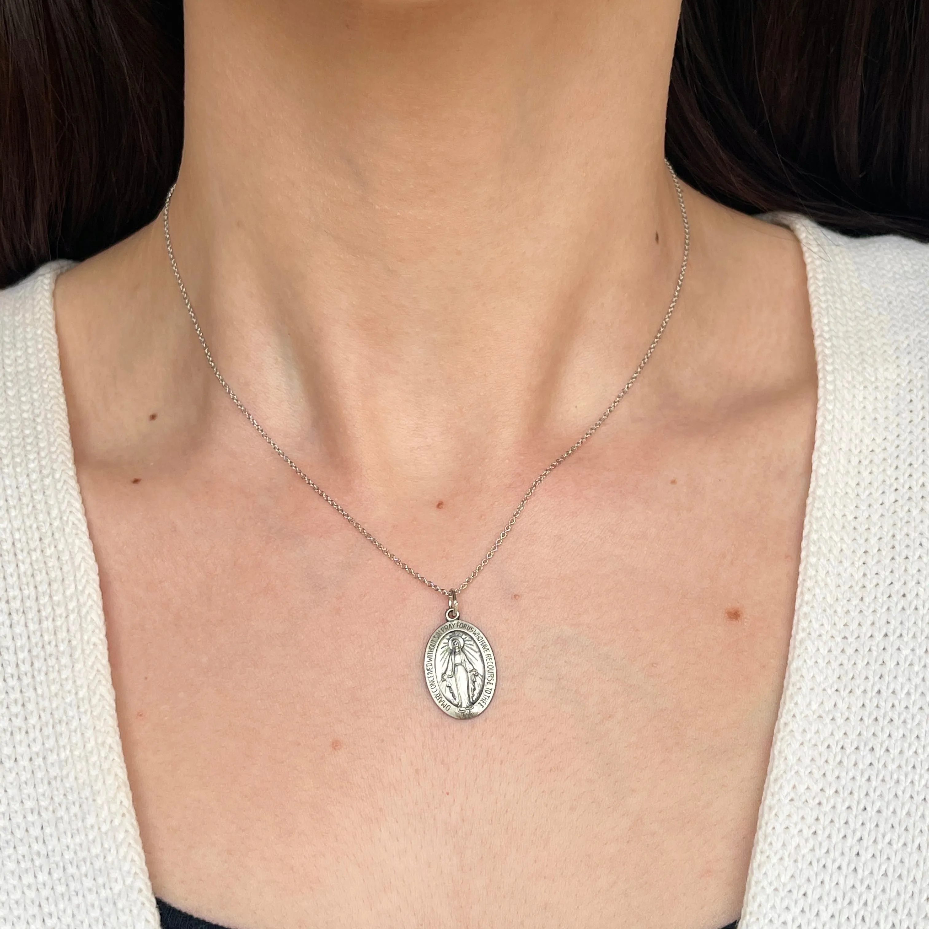 Sterling Silver Antiqued Miraculous Medal Oval Pendant 23mm