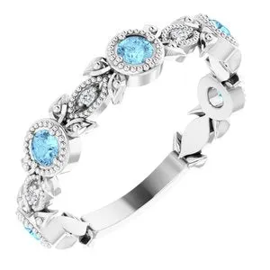 Sterling Silver Aquamarine & .03 CTW Diamond Leaf Ring