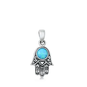 Sterling Silver Blue Synthetic Opal Boho Style Hamsa Pendant Hand of God Charm