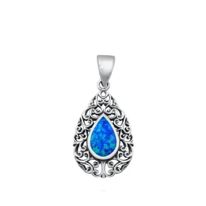 Sterling Silver Blue Synthetic Opal Victorian Style Teardrop Pendant Charm 925