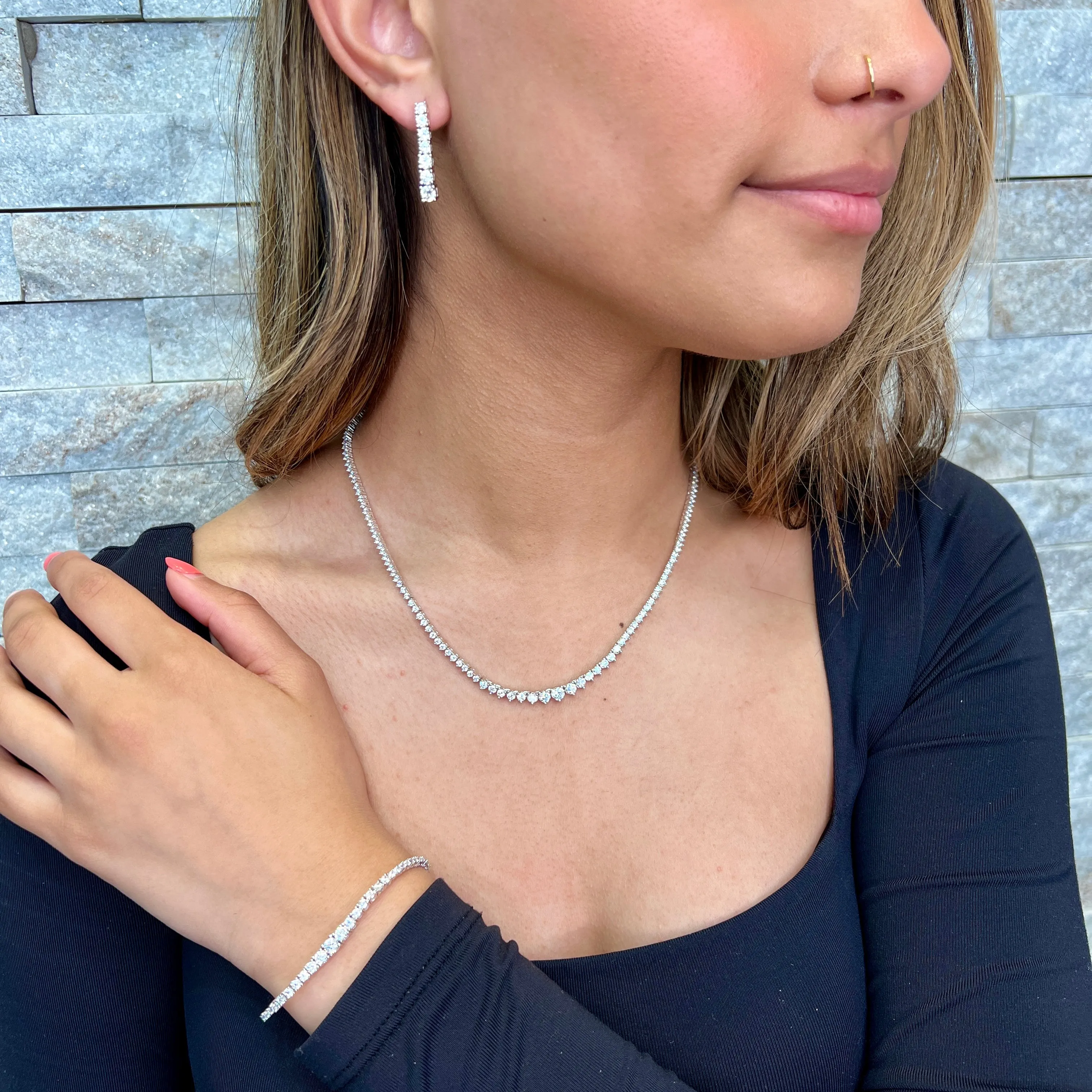 Sterling Silver Clear Cubic Zirconia Tennis Necklace, Bracelet and Earring Set