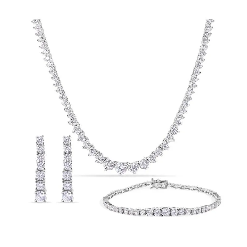 Sterling Silver Clear Cubic Zirconia Tennis Necklace, Bracelet and Earring Set