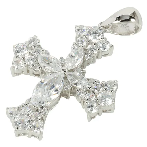 Sterling Silver Clear CZ Fancy Cross Pendant (Chain Sold Separately)