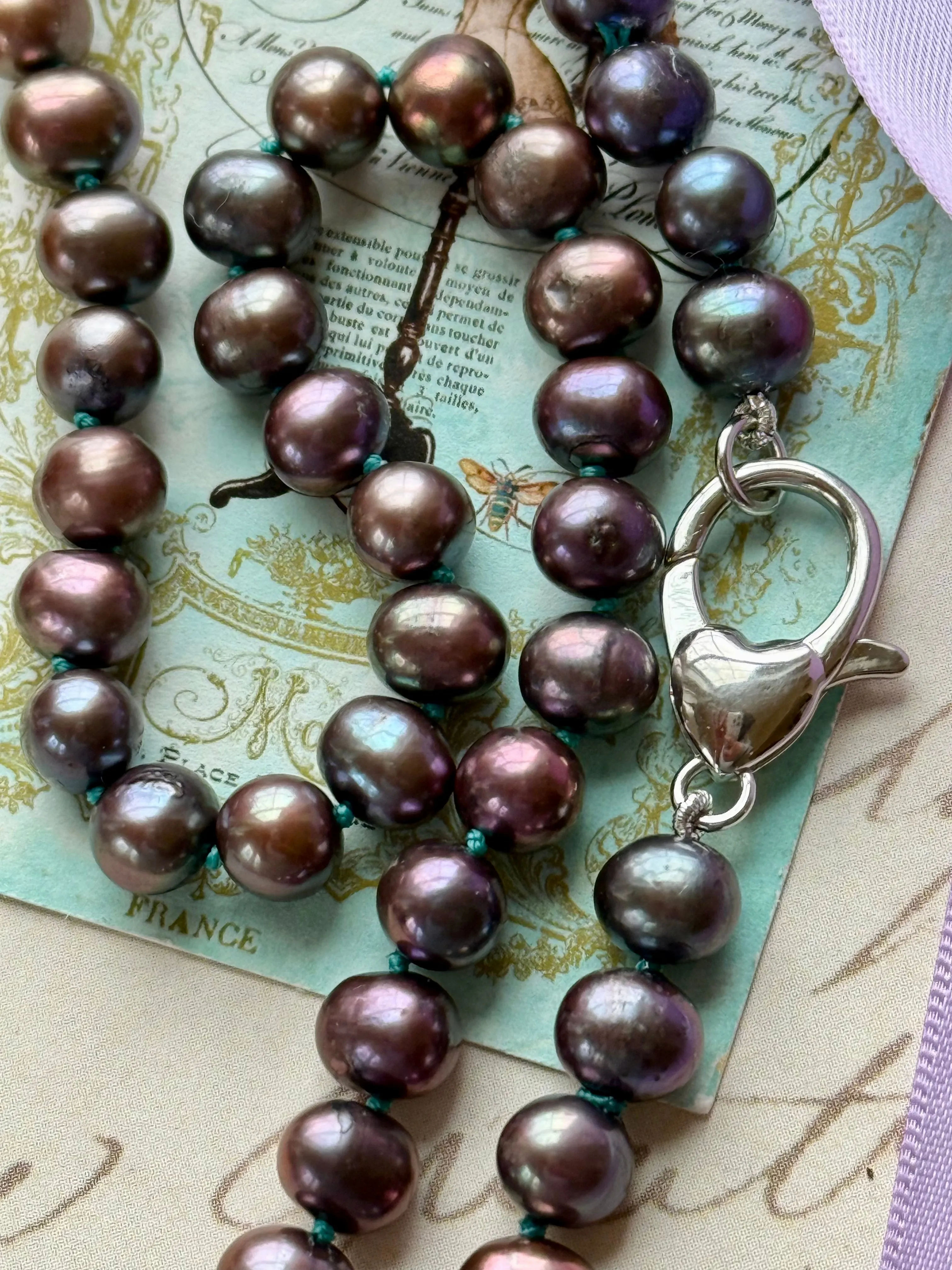 Sterling Silver Peacock Pearl Necklace with Solid Sterling Bunny Pendant