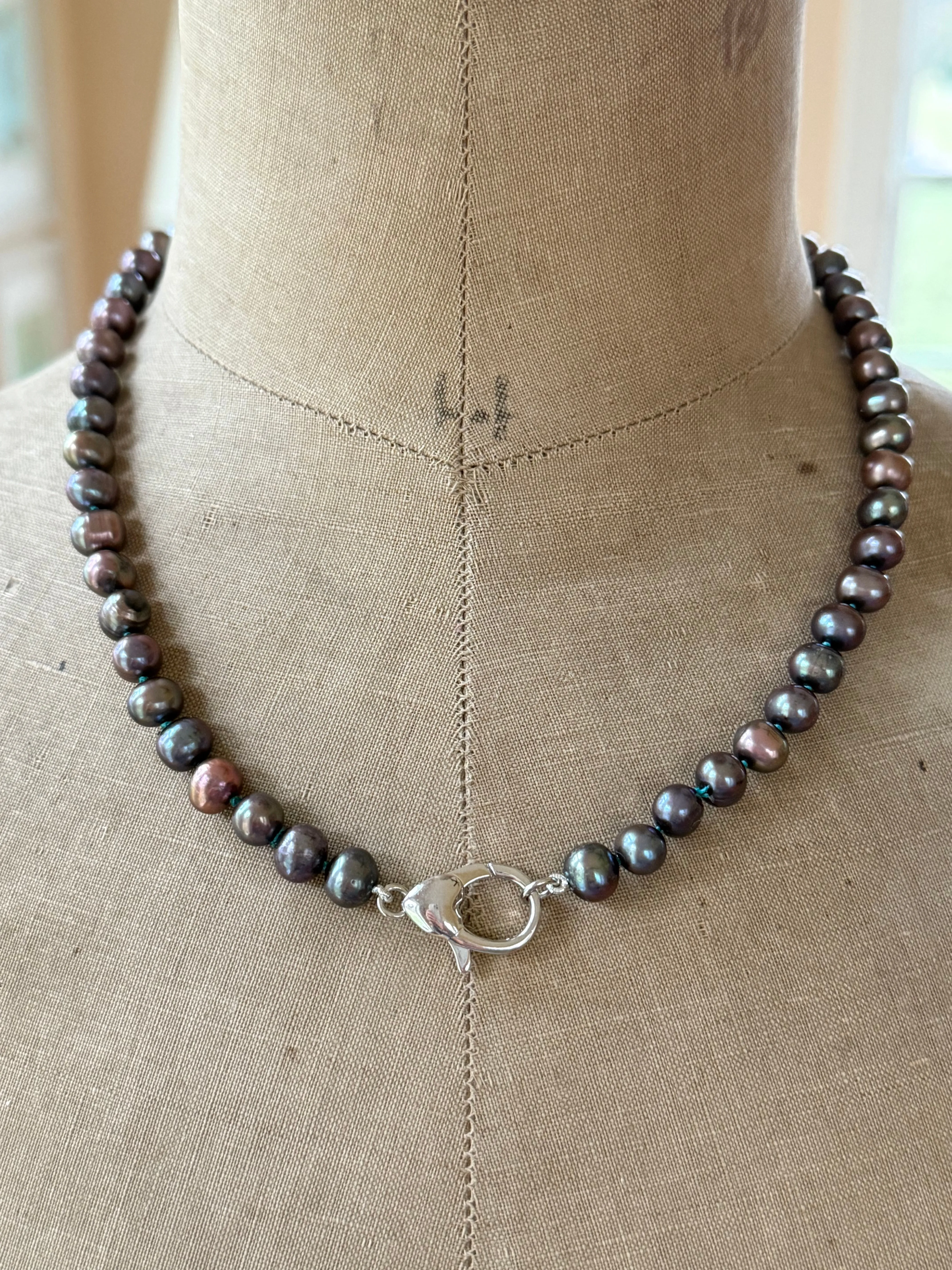 Sterling Silver Peacock Pearl Necklace with Solid Sterling Bunny Pendant