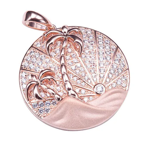 Sterling Silver Pink Gold Plated Pave Cubic Zirconia Circle Island Sunrise Pendant(Chain Sold Separately)