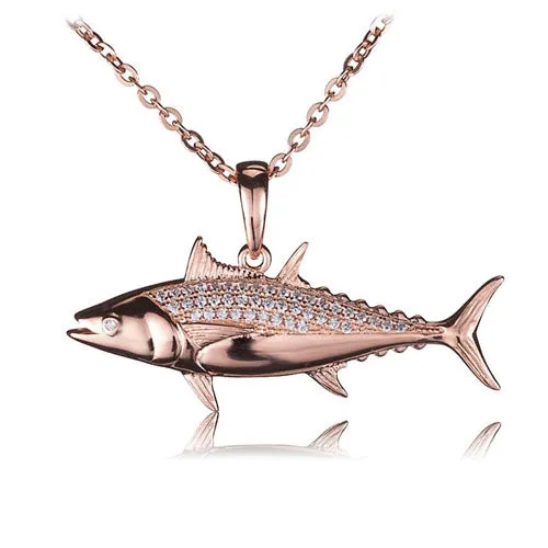 Sterling Silver Pink Gold Plated Pave Cubic Zirconia Tuna Pendant(Chain Sold Separately)
