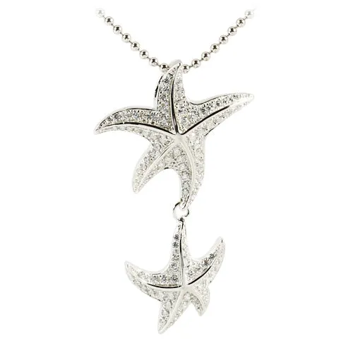 Sterling Silver Rhodium Double Starfish Pave CZ Pendant (Chain Sold Separately)