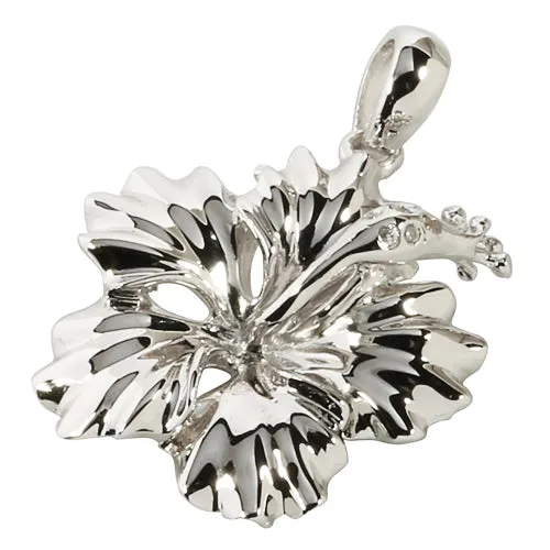 Sterling Silver Rhodium High Polish Hibiscus Pendant(M) (Chain Sold Separately)